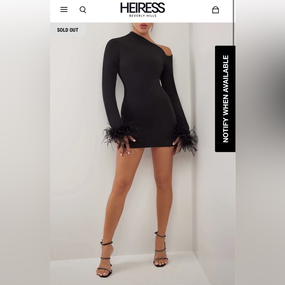 BLACK ASYMMETRIC FEATHER TRIMMED CREPE LONG SLEEVE MINI DRESS